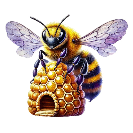 Watercolor Spring Bees Fabric Panel 31 featuring a detailed bee and honeycomb illustration on premium quilting cotton.