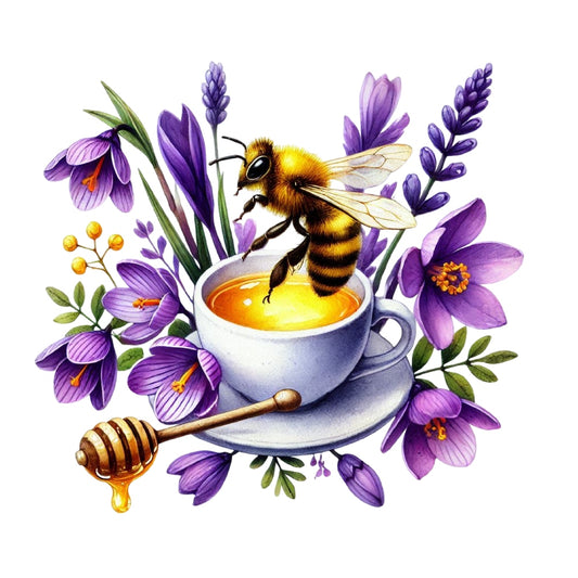 Watercolor Spring Bees Fabric Panel 32 featuring a detailed bee on honey in a cup surrounded by purple flowers and lavender stems.