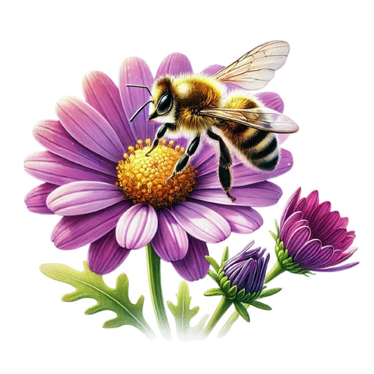 Watercolor Spring Bees Fabric Panel 5 featuring a detailed bee on a vibrant purple daisy flower, printed on premium cotton.