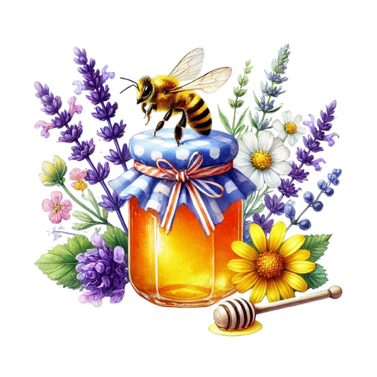 Watercolor Spring Bees Fabric Panel 7 with a bee, honey jar, and vibrant spring flowers in premium quilting cotton design.