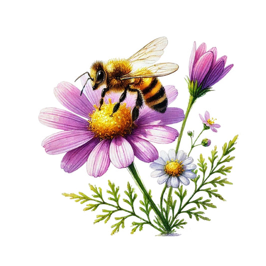 Watercolor Spring Bees Fabric Panel 8 featuring a detailed bee on purple and white flowers with green leaves on a white background.