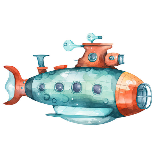 Watercolor Submarine Fabric Panel featuring a detailed hand-painted vintage submarine in blue and orange tones.