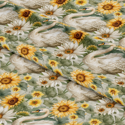 Watercolor Swan Sunflowers Pattern 1 Quilting Cotton Fabric