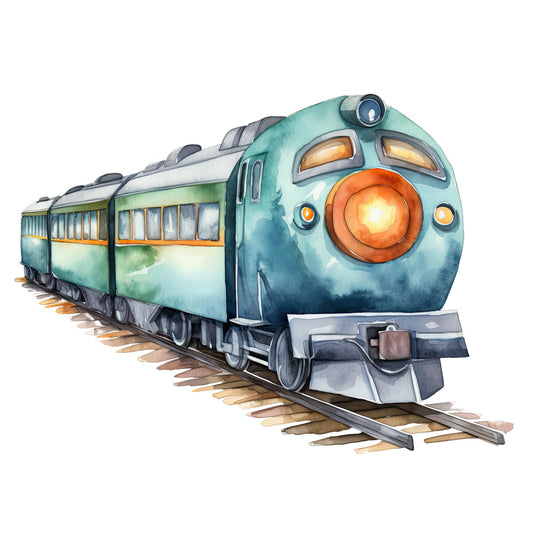 Watercolor Train Fabric Panel features a detailed vintage train illustration printed on premium quilting cotton in the USA.