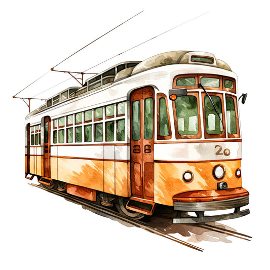 Watercolor Tram Fabric Panel featuring a vintage streetcar design printed on premium quilting cotton in the USA.