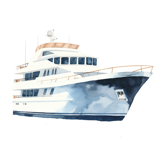 Watercolor Yacht Fabric Panel featuring a detailed premium quilting cotton print of a luxury yacht in soft tones.