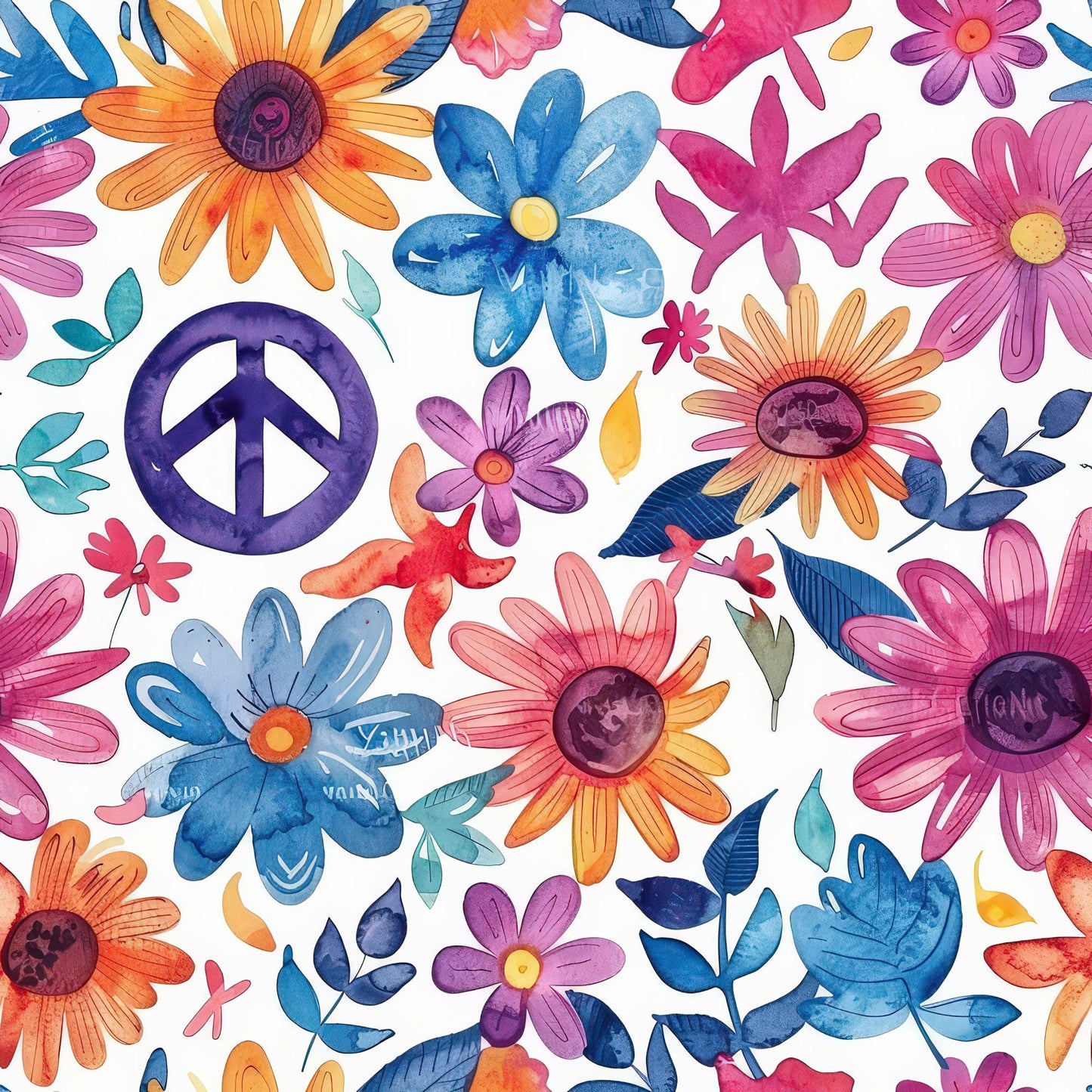Watercolor Hippie Flower Pattern 2 Quilting Cotton Fabric