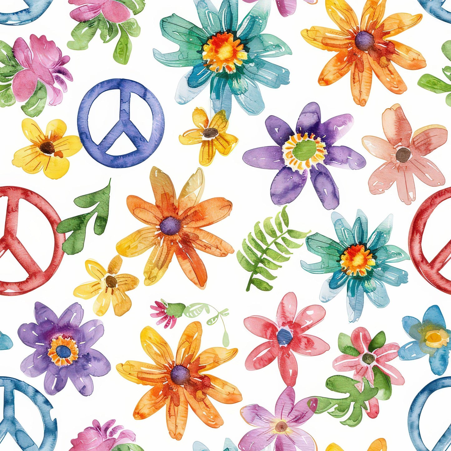 Watercolor Hippie Flower Pattern 6 Quilting Cotton Fabric