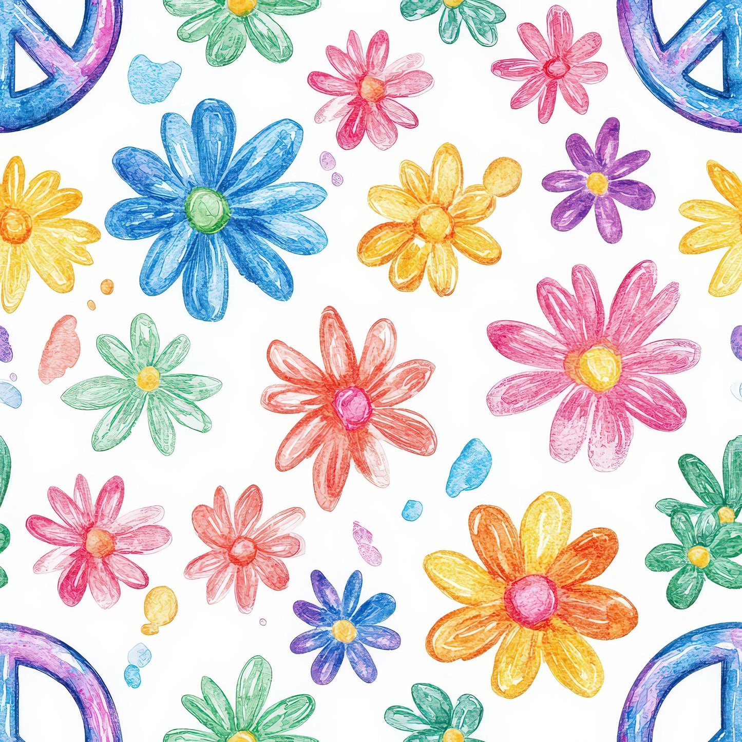 Watercolor Hippie Flower Pattern 8 Quilting Cotton Fabric
