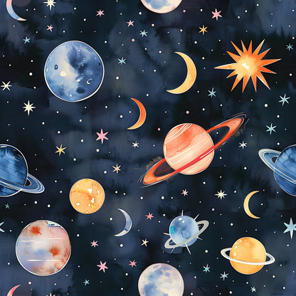 Watercolor Space Sky Moon Stars Pattern 13 Quilting Cotton Fabric