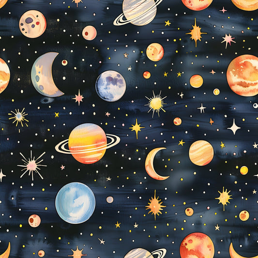 Watercolor Space Sky Moon Stars Pattern 14 Quilting Cotton Fabric