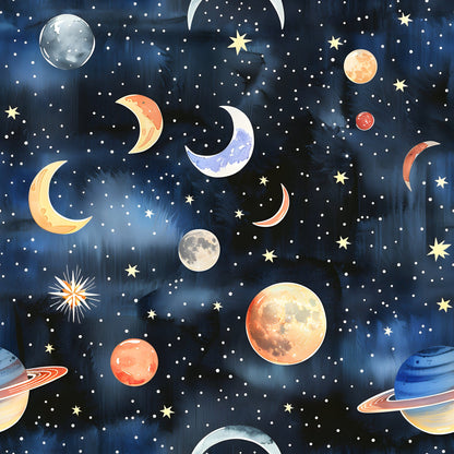 Watercolor Space Sky Moon Stars Pattern 15 Quilting Cotton Fabric