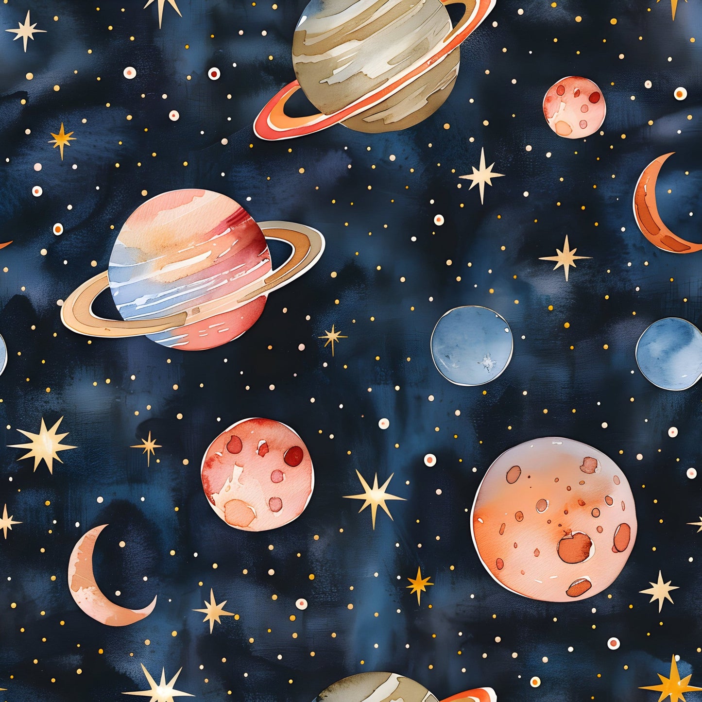 Watercolor Space Sky Moon Stars Pattern 2 Quilting Cotton Fabric