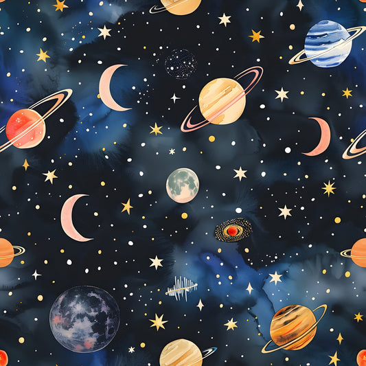 Watercolor Space Sky Moon Stars Pattern 6 Quilting Cotton Fabric