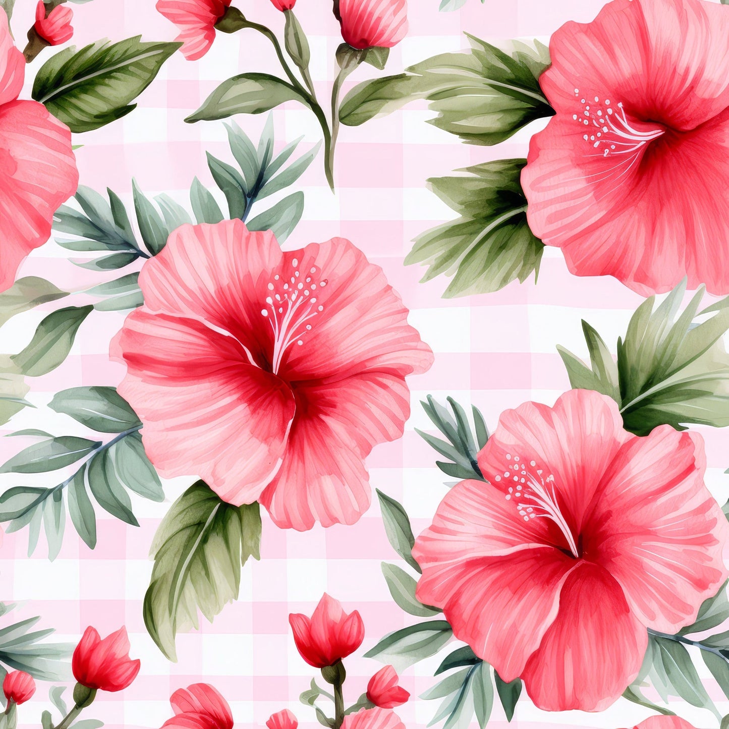 Watermelon Hibiscus Floral Gingham Pattern 1 Quilting Cotton Fabric
