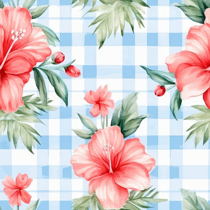 Watermelon Hibiscus Floral Gingham Pattern 3 Quilting Cotton Fabric