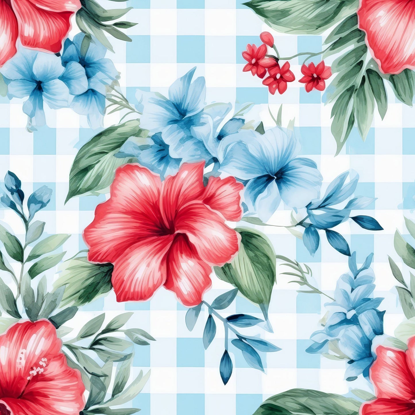 Watermelon Hibiscus Floral Gingham Pattern 4 Quilting Cotton Fabric
