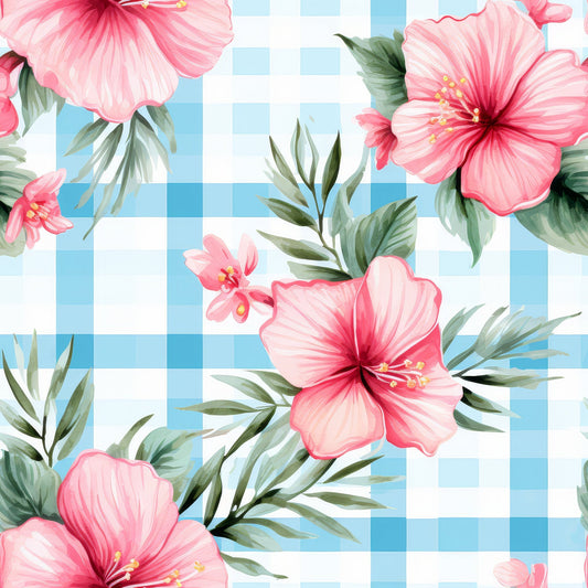 Watermelon Hibiscus Floral Gingham Pattern 9 Quilting Cotton Fabric
