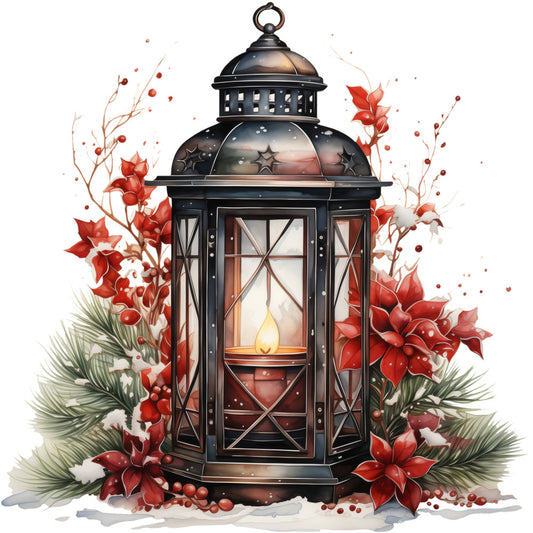 Winter Lantern 10 Fabric Panel featuring a detailed black lantern with glowing candle and festive red poinsettias on quilting cotton.