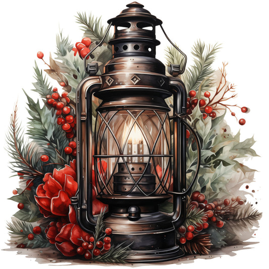 Winter Lantern 11 Fabric Panel featuring a vintage lantern surrounded by festive red berries and green pine foliage design