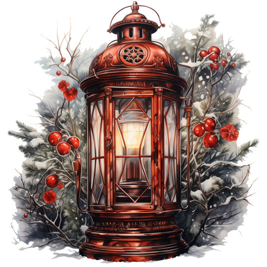 Winter Lantern 12 Fabric Panel featuring a detailed vintage lantern surrounded by winter berries and foliage with warm glowing light.