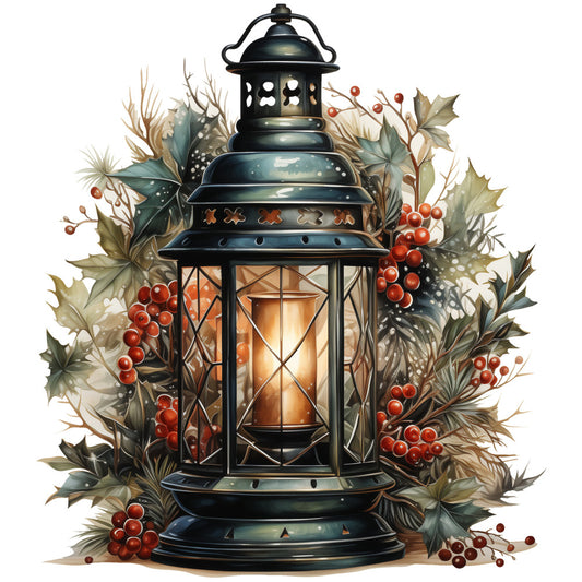 Winter Lantern 3 Fabric Panel featuring a glowing lantern surrounded by seasonal foliage and red berries, printed on premium cotton.