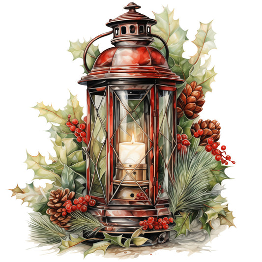 Winter Lantern 4 Fabric Panel features a detailed red lantern surrounded by pinecones, holly leaves, and red berries on premium cotton.