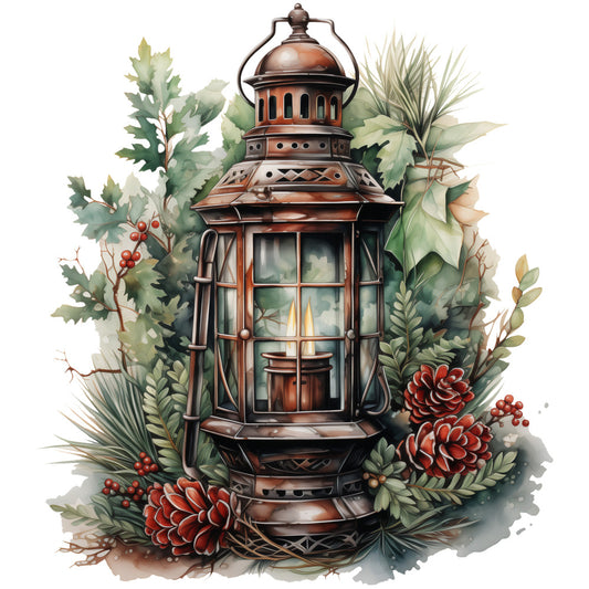 Winter Lantern 5 Fabric Panel showing a rustic metal lantern surrounded by pinecones, holly, and evergreen foliage in a winter scene.