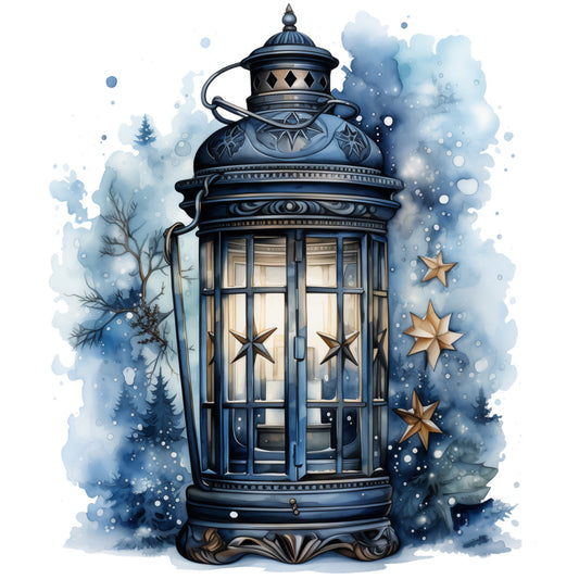 Winter Lantern 6 Fabric Panel features a detailed vintage lantern with star accents against a snowy blue winter backdrop.