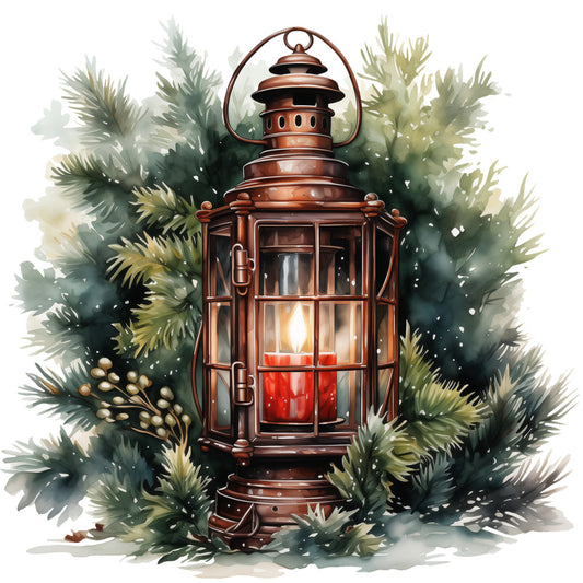 Winter Lantern 7 Fabric Panel featuring a detailed vintage lantern with a glowing red candle surrounded by snowy evergreen branches.
