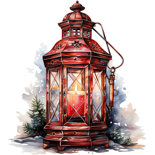 Winter Lantern 8 Fabric Panel featuring a detailed red lantern with candlelight and winter pine trees background