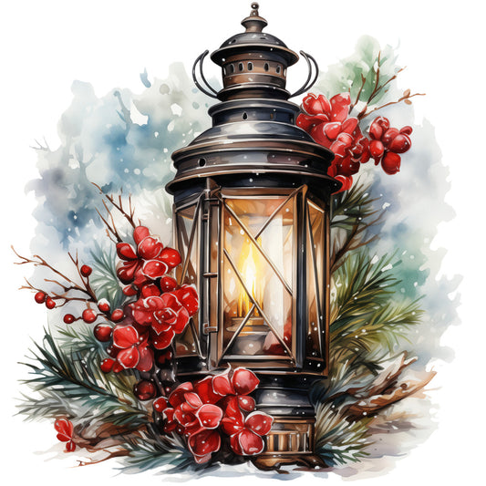 Winter Lantern 9 Fabric Panel featuring a glowing lantern surrounded by red berries and pine branches in a festive winter scene.