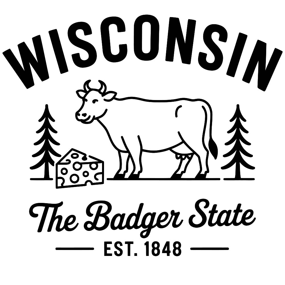 Wisconsin Black and White Fabric Panel featuring a cow, cheese, trees, and text "The Badger State EST. 1848" in black and white design.