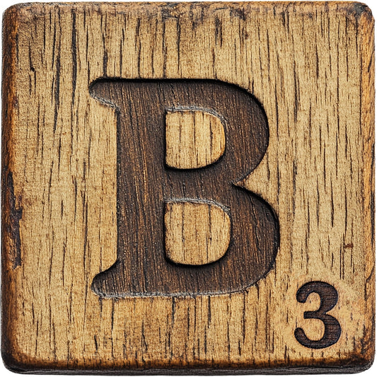 Wood Letter B Blocks Fabric Panel featuring a rustic wooden block with carved letter B and number 3 detail.
