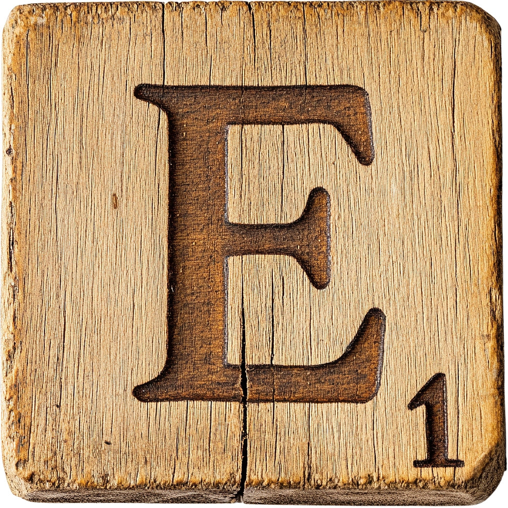Wood Letter E Blocks Fabric Panel showing a rustic wooden block with engraved letter E and number 1 in vintage style.