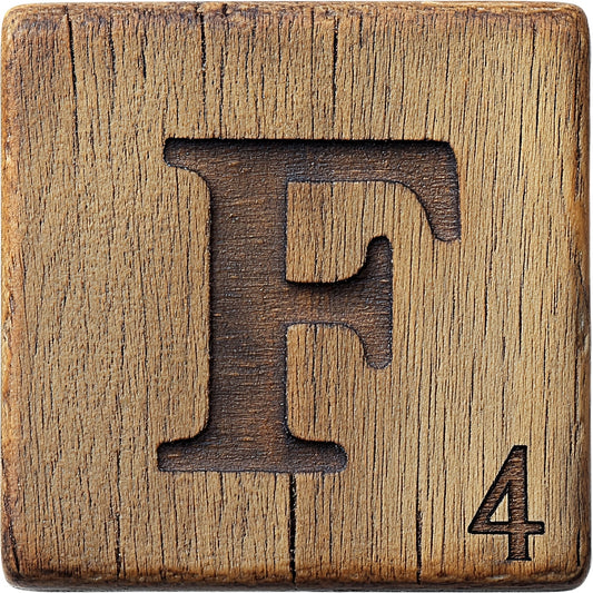 Wood Letter F Blocks Fabric Panel featuring a rustic carved F on textured wood with number 4 in corner.