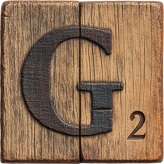Wood Letter G Blocks Fabric Panel showing textured dark letter G on two wooden blocks with natural wood grain background.