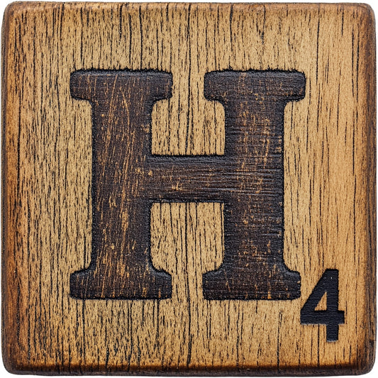 Wood Letter H Blocks Fabric Panel featuring a rustic wooden letter H with textured grain and Scrabble-style number four.