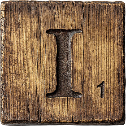 Wood Letter I Blocks Fabric Panel with rustic wood grain texture and carved letter I, crafted with premium quilting cotton.