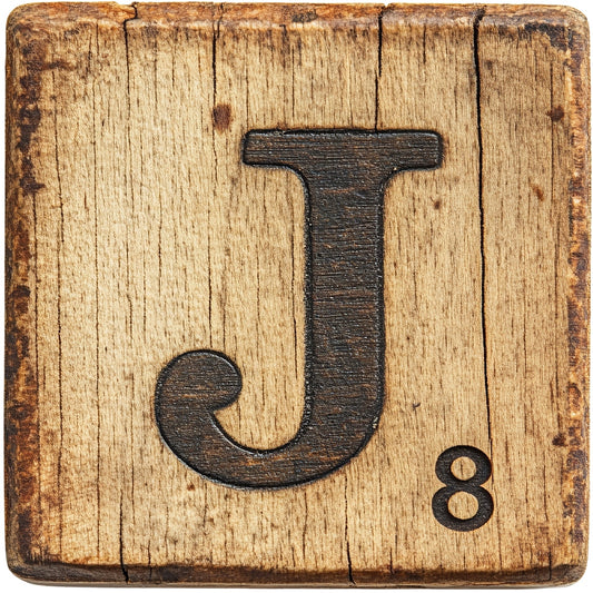 Wood Letter J Blocks Fabric Panel featuring a rustic wooden texture with black letter J and number 8 on distressed surface.