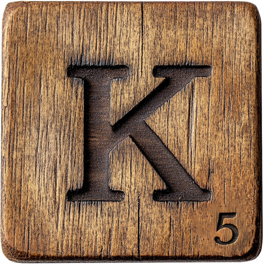 Wood Letter K Blocks Fabric Panel with rustic carved wooden texture and engraved letter K and number 5, premium quality decor piece.