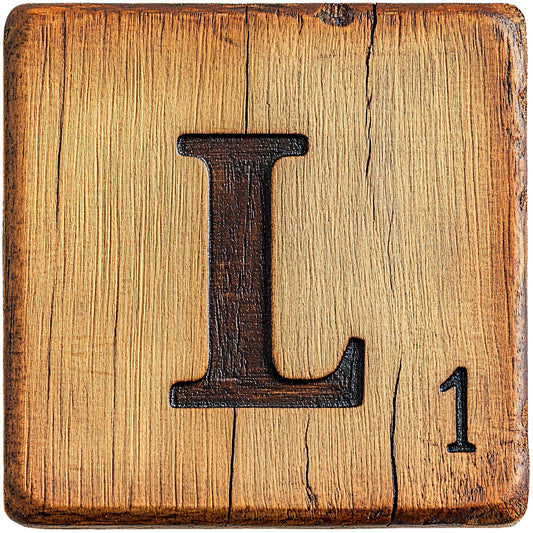 Wood Letter L Blocks Fabric Panel with rustic wood texture and engraved letter L, designed for decorative and educational use.