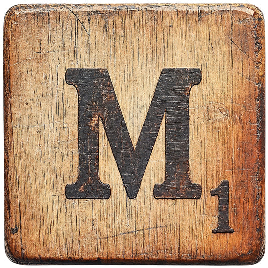Wood Letter M Blocks Fabric Panel featuring a rustic vintage wooden block design with letter M and number 1 engraving.