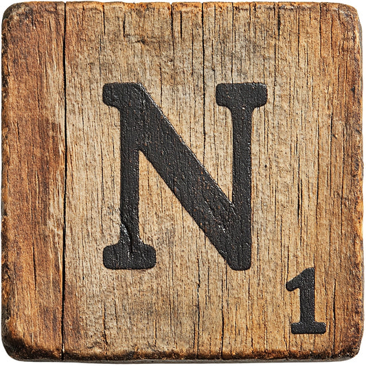Wood Letter N Blocks Fabric Panel featuring a rustic wooden block with a bold letter N printed on textured wood grain background.