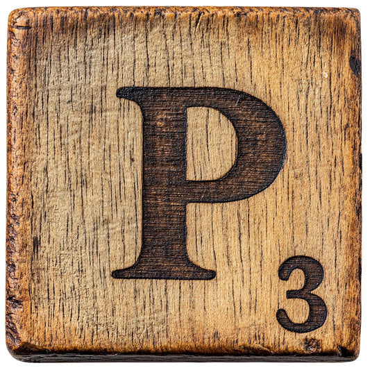 Wood Letter P Blocks Fabric Panel featuring a rustic wooden block with engraved letter P and number 3 in vintage style.