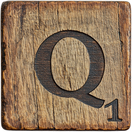 Wood Letter Q Blocks Fabric Panel featuring a rustic carved Q on aged wooden textured block for decorative or educational use.