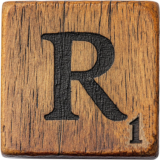 Wood Letter R Blocks Fabric Panel featuring a rustic wooden block with a bold black letter R and number 1 engraved.