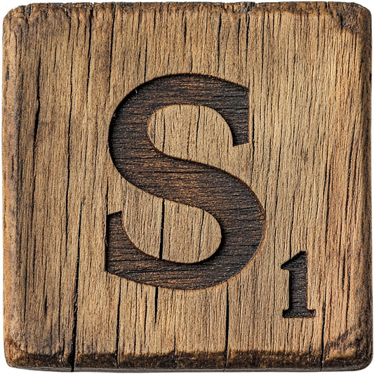 Wood Letter S Blocks Fabric Panel showing a rustic wooden block with carved letter S and number 1 detailing.