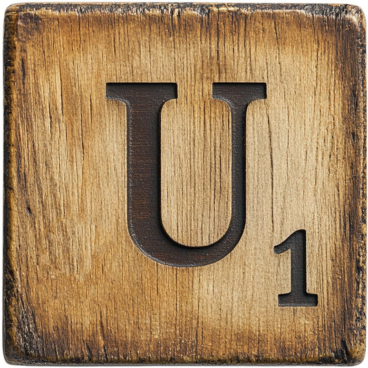 Wood Letter U Blocks Fabric Panel with aged wood texture and carved letter U and number 1 details for decor.