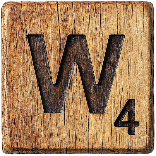 Wood Letter W Blocks Fabric Panel showing a rustic wooden block with the letter W and number 4 carved in dark wood grain texture.